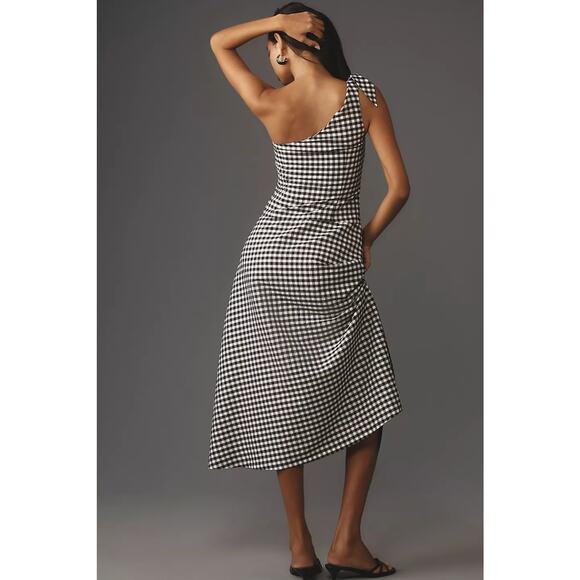 NWT By Anthropologie One-Shoulder Gingham Midi Dress $168 MEDIUM Black and White - Picture 4 of 5